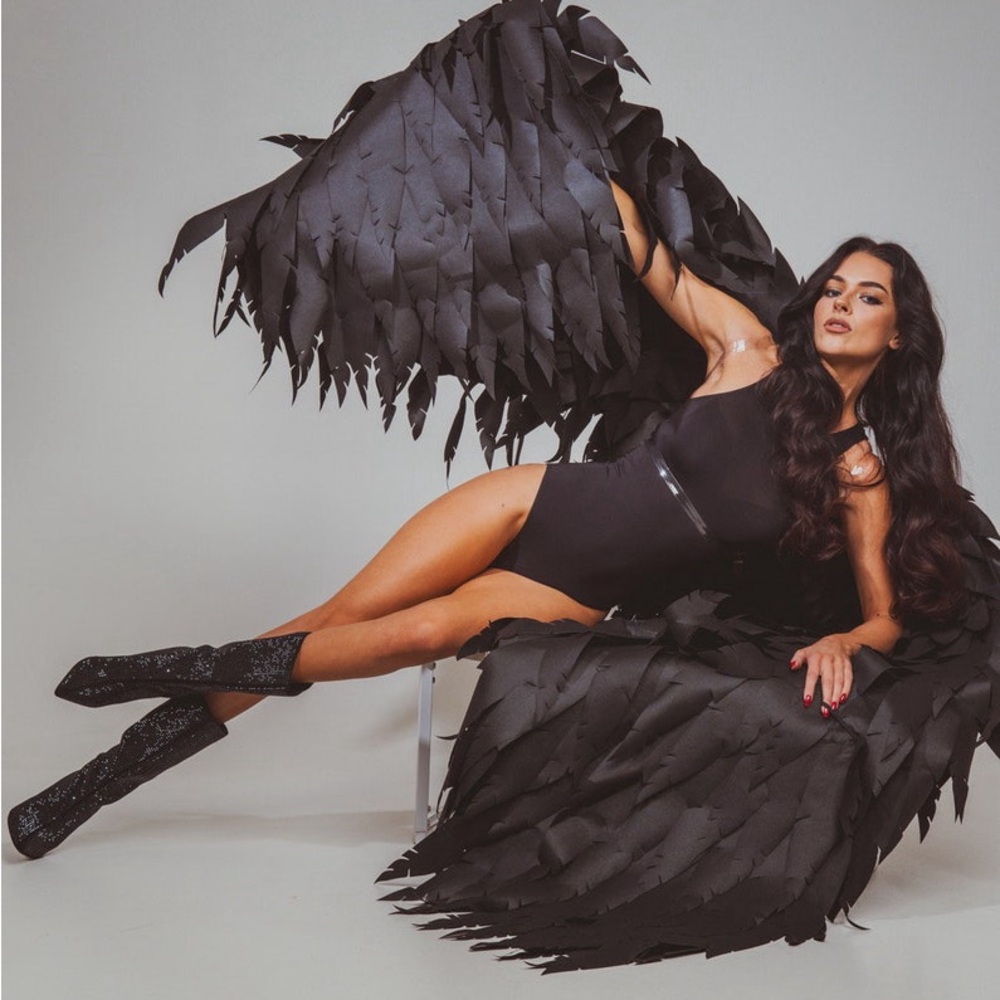Large black wings. 137 in long. Note they are not made from feathers